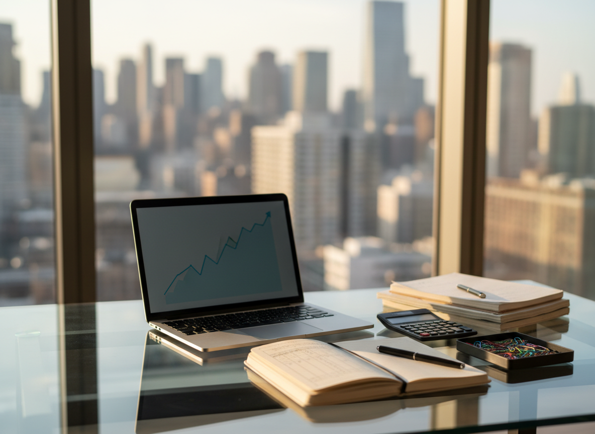 A sleek, glass-topped desk arranged as a personal finance planning workspace, with a slim silver laptop displaying a blurred line chart and a neatly organized stack of cream-colored notebooks open to hand-drawn budget grids. A matte black calculator and a small tray of color-coded paper clips sit beside a minimalist pen. The scene is set in front of a large window overlooking a softly blurred city skyline. Late afternoon natural light streams in, creating crisp reflections on the glass surface and subtle shadows. Photographic realism, shot at eye level with a shallow depth of field, creating a sophisticated, focused atmosphere ideal for an investing education homepage hero image.