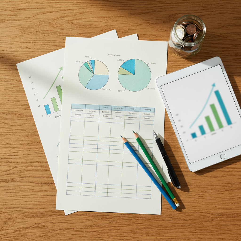A close-up, bird’s-eye view of a meticulously arranged monthly budget flat lay on a warm oak tabletop. Several ivory sheets show clean, structured tables and simple, hand-sketched pie charts in muted blues and greens, representing spending categories and savings goals without readable text. Beside them lies a slim tablet showing an out-of-focus line graph trending upward, and a small glass jar half-filled with assorted coins for visual texture. Soft morning light from the left casts gentle shadows, emphasizing the paper texture and wood grain. The mood is calm, organized, and empowering, captured in photographic realism with sharp focus across the frame, perfect for illustrating step-by-step budgeting guides.