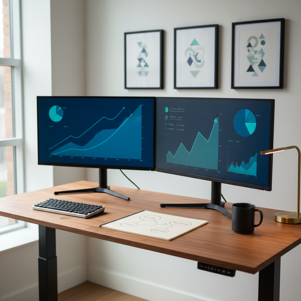 A modern, dual-monitor setup on a walnut standing desk, each screen displaying blurred yet vibrant financial charts, diversified asset allocations, and growth curves in cool blues and teals. A minimalist mechanical keyboard and a simple notepad with sketched asset allocation circles rest beside a dark ceramic mug. In the background, abstract, non-text framed prints of geometric graphs hang on a matte white wall. Cool, diffused daylight from a side window mixes with a subtle warm desk lamp, creating balanced, professional lighting. Shot from a slightly elevated angle with moderate depth of field, the composition feels analytical yet approachable, ideal for articles about portfolio diversification and long-term investing strategy.